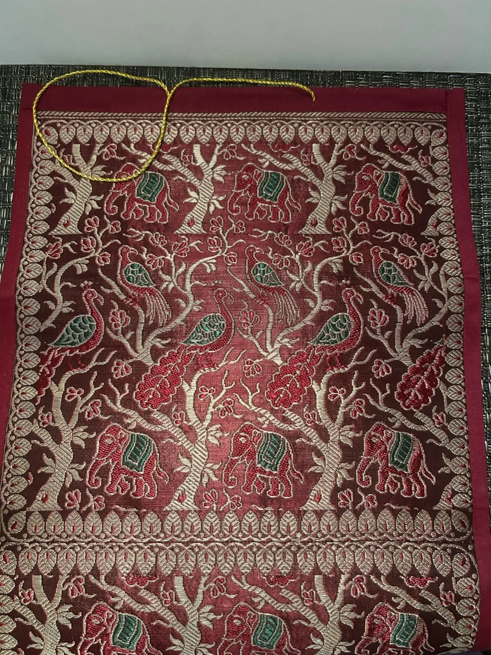 Embroidered Tapestry Wall Hanging with Elephants & Peacocks Gold, Red, Green